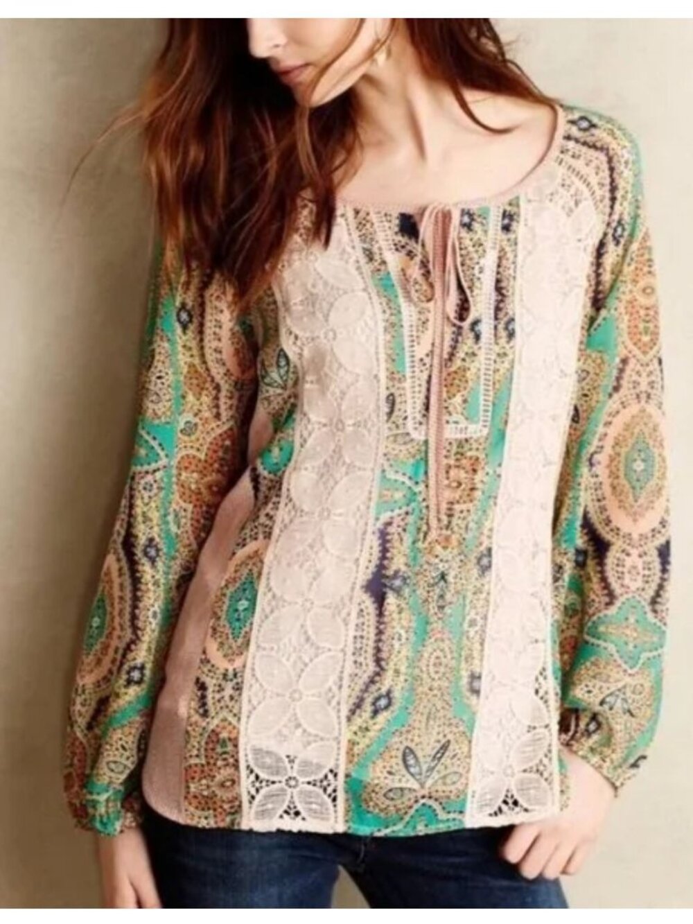 Anthropologie Meadow Rue Giada Crochet Semi Sheer Multicolor Peasant Blouse Long